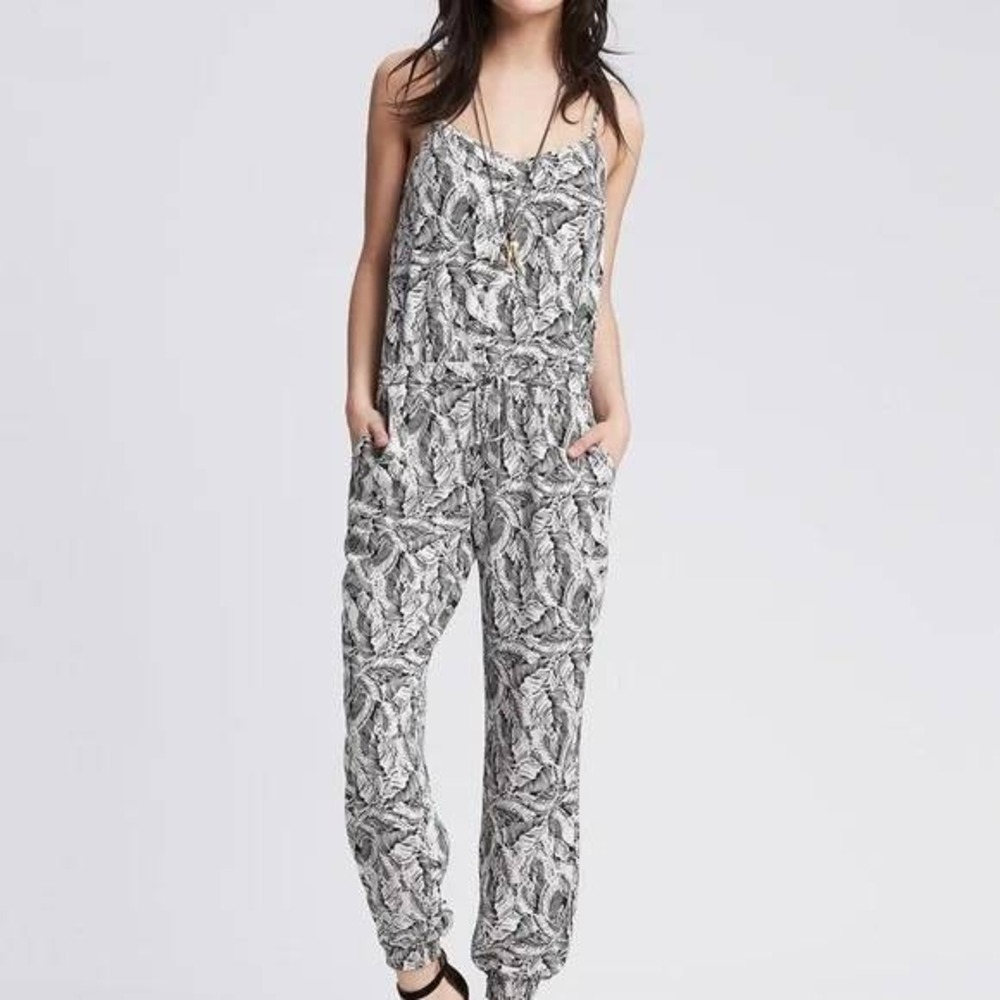 Banana Republic Womens Black White Palm Leaf‎ Print Drawstring Jumpsuit Size 4